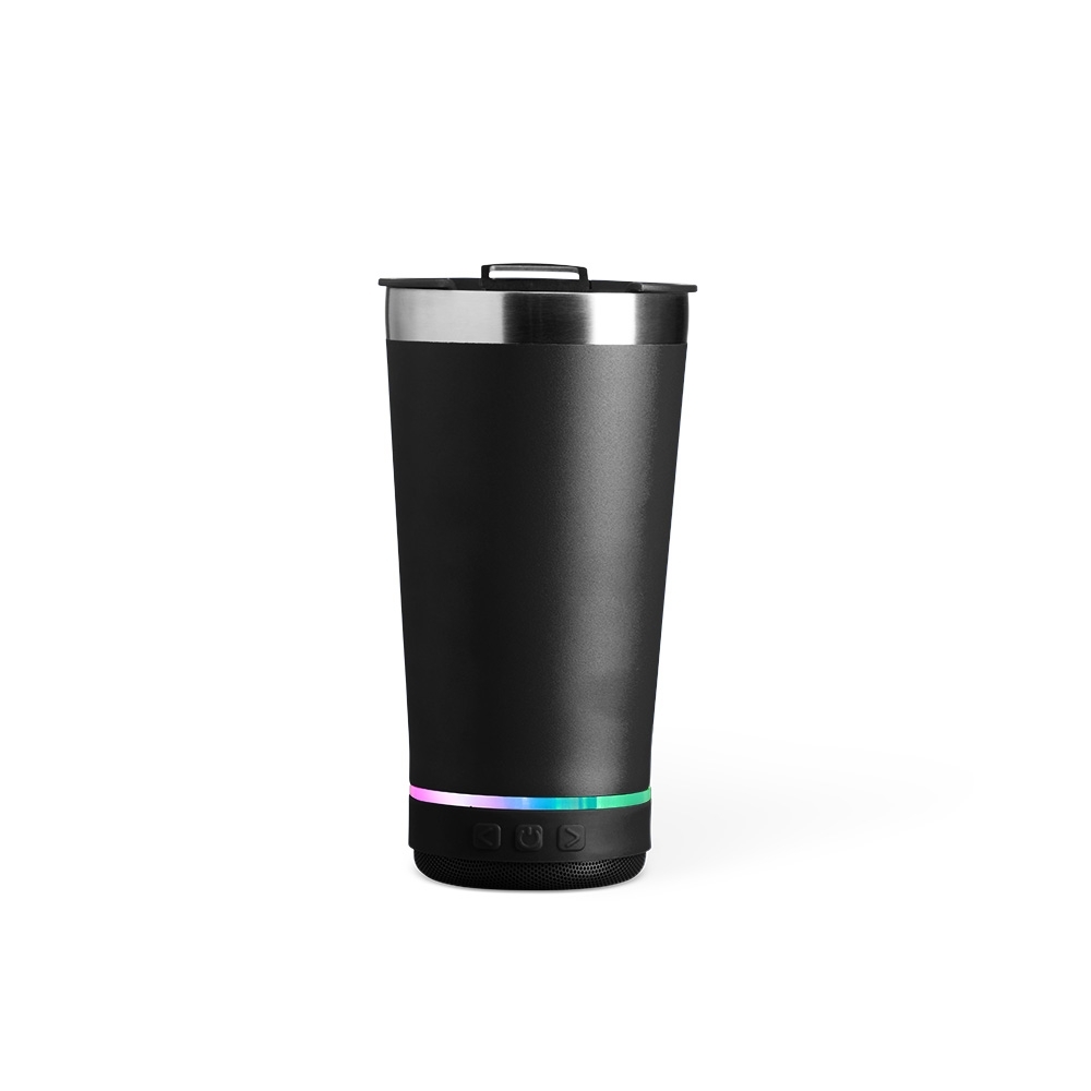 Copo térmico 400 ml de inox com caixa de som na cor Preto, personalizado com a logo da empresa
