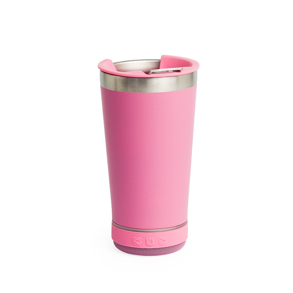 Copo térmico 400 ml de inox com caixa de som personalizado com a logo da empresa, na cor rosa / inox