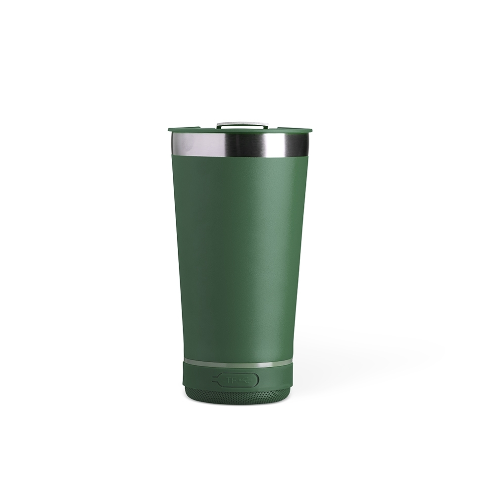 Copo térmico 400 ml de inox com caixa de som personalizado com a logo da empresa, na cor verde escuro / inox