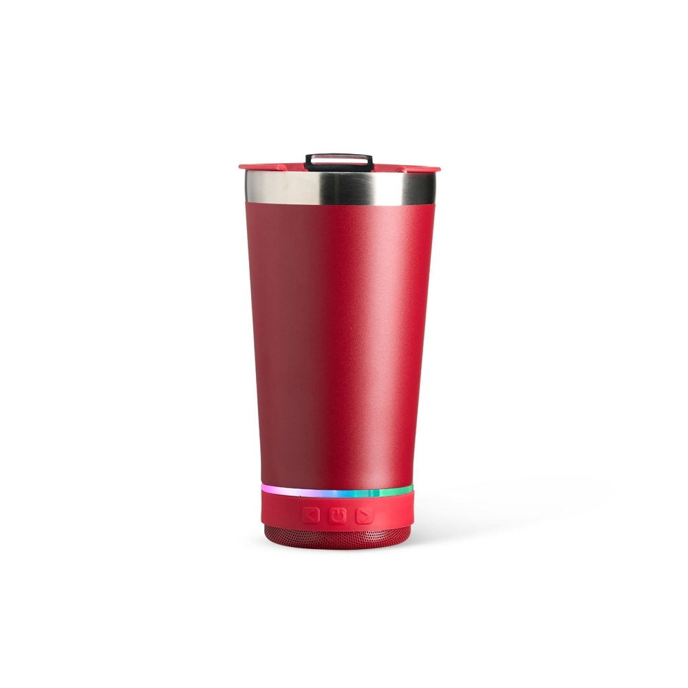 Copo térmico 400 ml de inox com caixa de som personalizado com a logo da empresa, na cor vermelho / inox