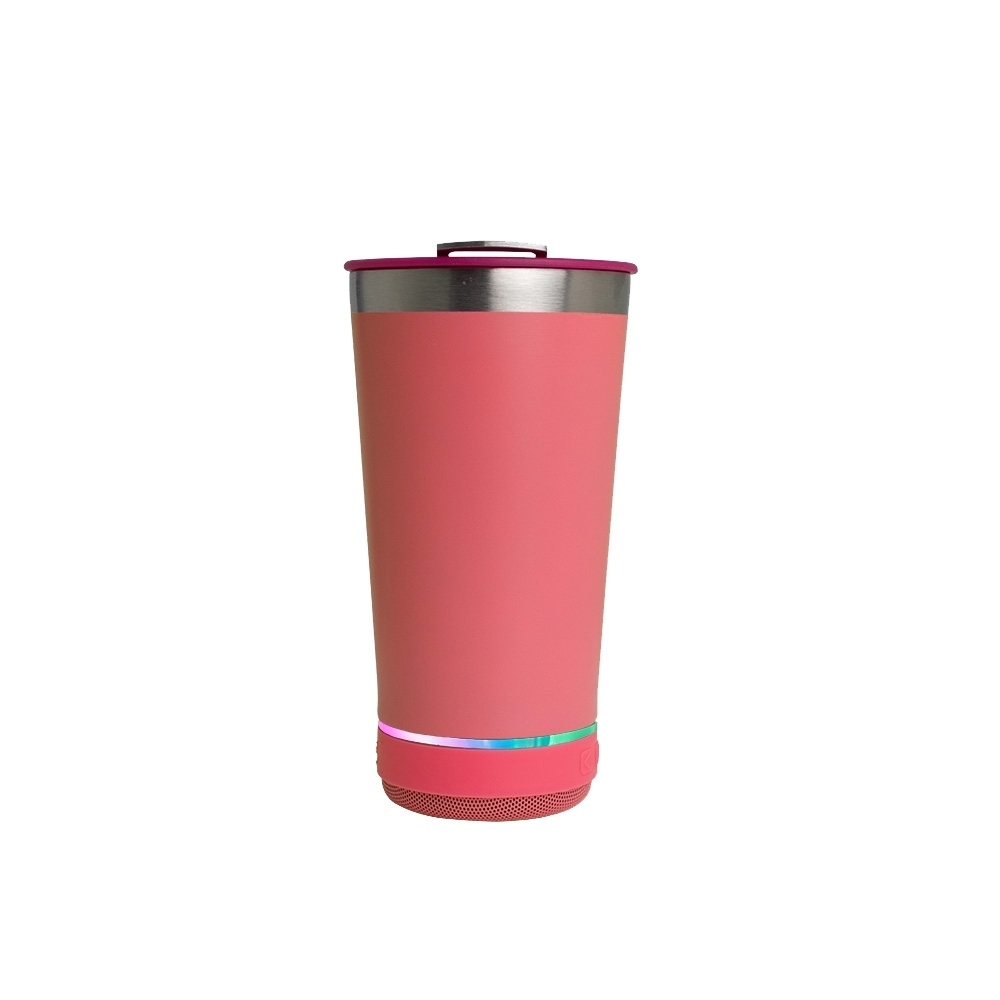 Copo térmico 400 ml de inox com caixa de som modelo 2 personalizado com a logo da empresa, na cor pink / inox