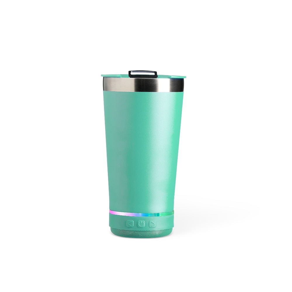 Copo térmico 400 ml de inox com caixa de som modelo 2 na cor Turquesa / Inox, personalizado com a logo da empresa