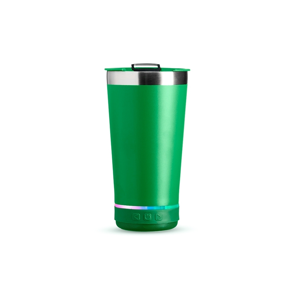 Copo térmico 400 ml de inox com caixa de som modelo 2 personalizado com a logo da empresa, na cor verde / inox