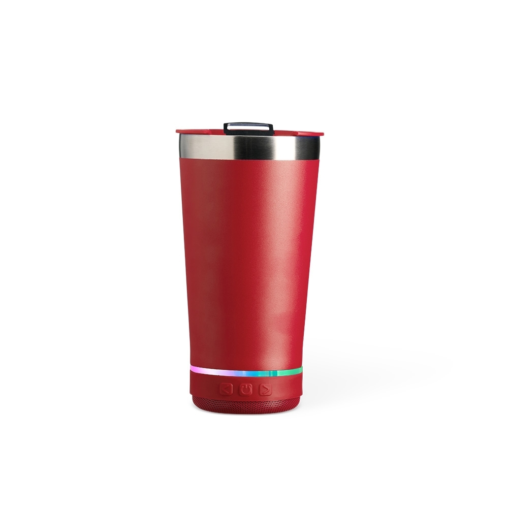 Copo térmico 400 ml de inox com caixa de som modelo 2 personalizado com a logo da empresa, na cor vermelho / inox
