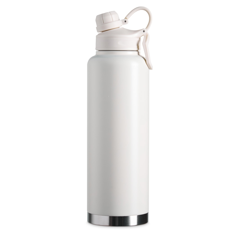 Garrafa térmica 1,5 litro de inox com alça personalizada com a logo da empresa, na cor bege