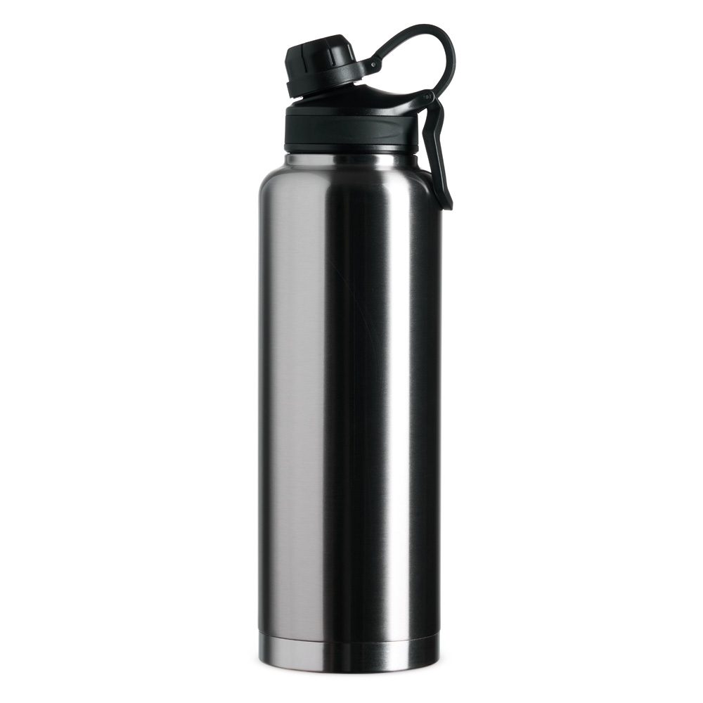 Garrafa térmica 1,5 litro de inox com alça personalizada com a logo da empresa, na cor inox