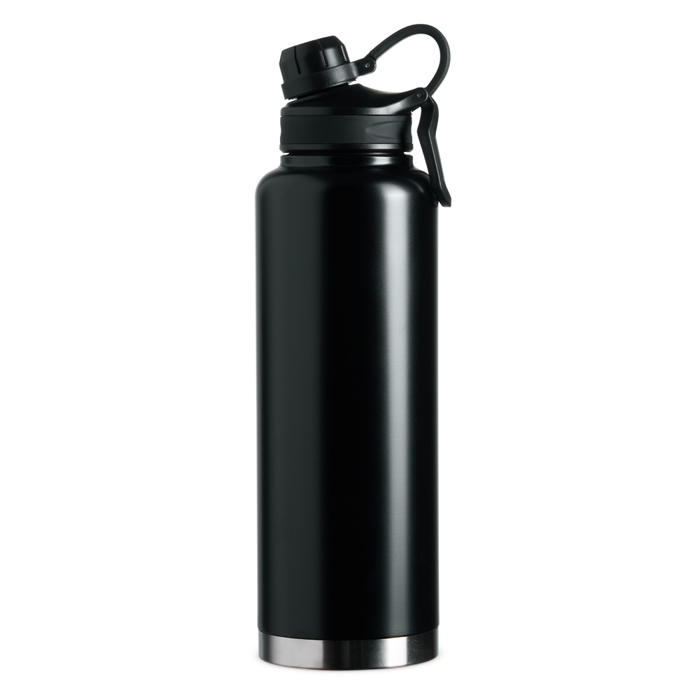 Garrafa térmica 1,5 litro de inox com alça na cor Preto, personalizada com a logo da empresa