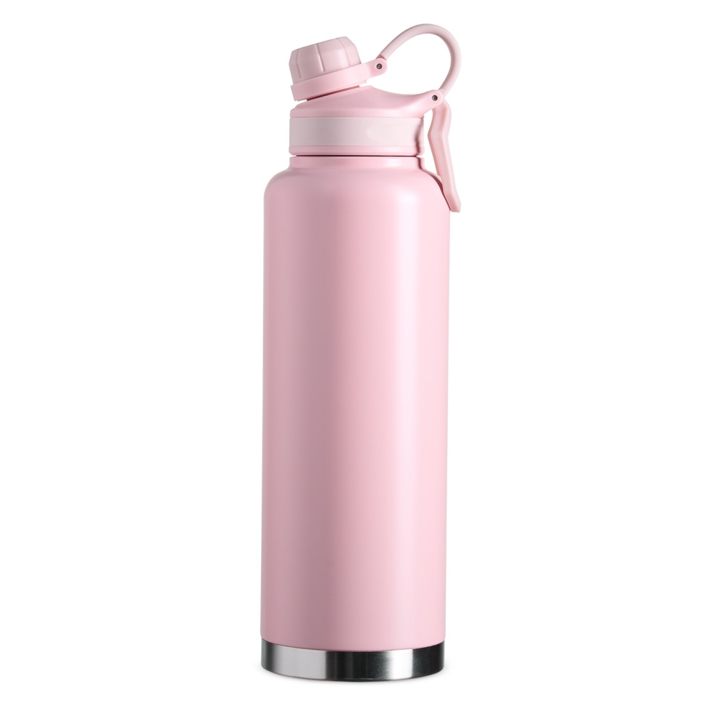 Garrafa térmica 1,5 litro de inox com alça personalizada com a logo da empresa, na cor rosa