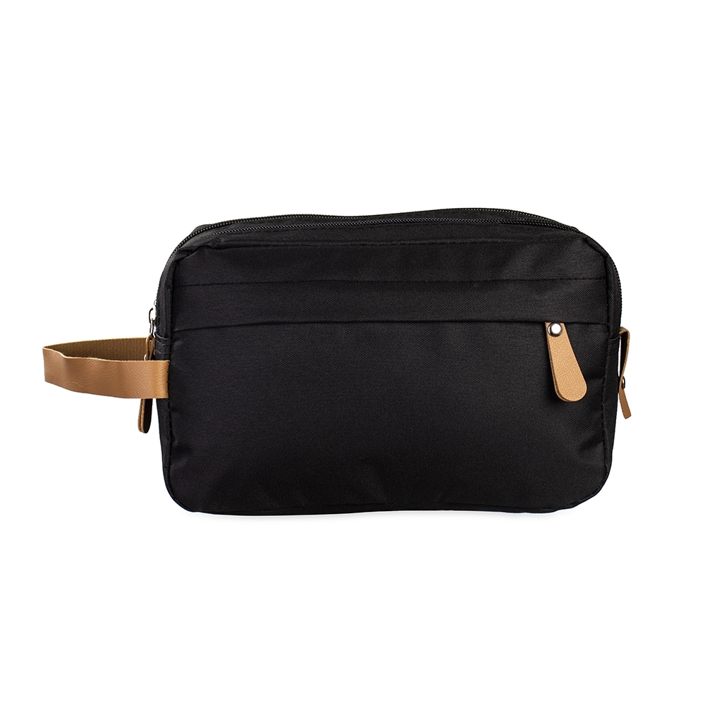 Nécessaire de poliéster impermeável com 2 compartimentos na cor Preto, personalizada com a logo da empresa