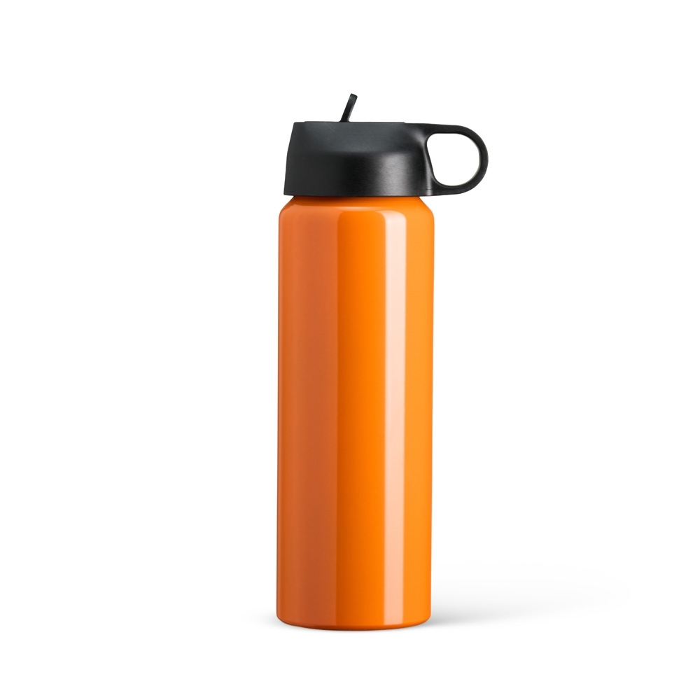Squeeze de alumínio 800 ml com canudo e alça personalizado com a logo da empresa, na cor laranja / preto