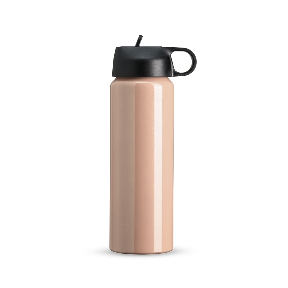 Squeeze de alumínio 800 ml com canudo e alça personalizado com a logo da empresa, na cor rosa claro / preto
