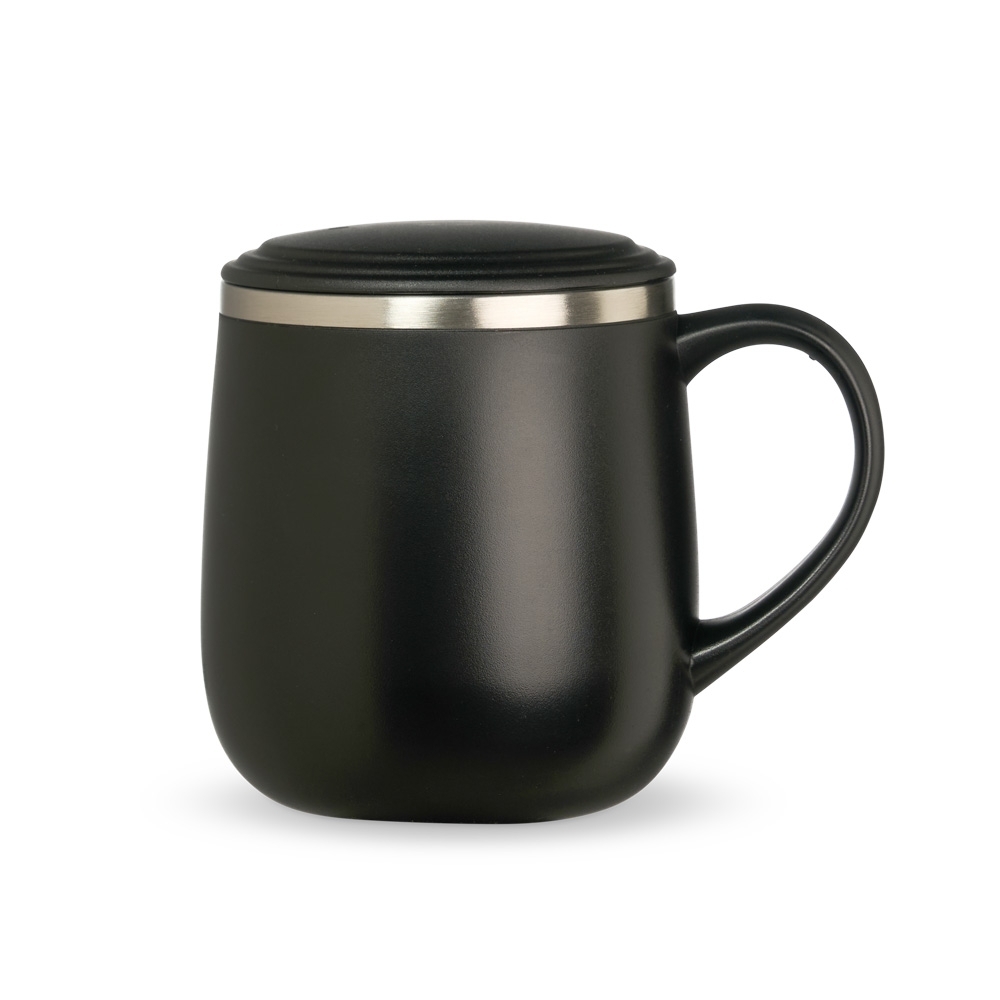 Caneca parede dupla 370 ml de plástico na cor Preto / Inox, personalizada com a logo da empresa