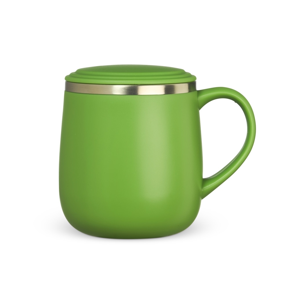 Caneca parede dupla 370 ml de plástico personalizada com a logo da empresa, na cor verde / inox