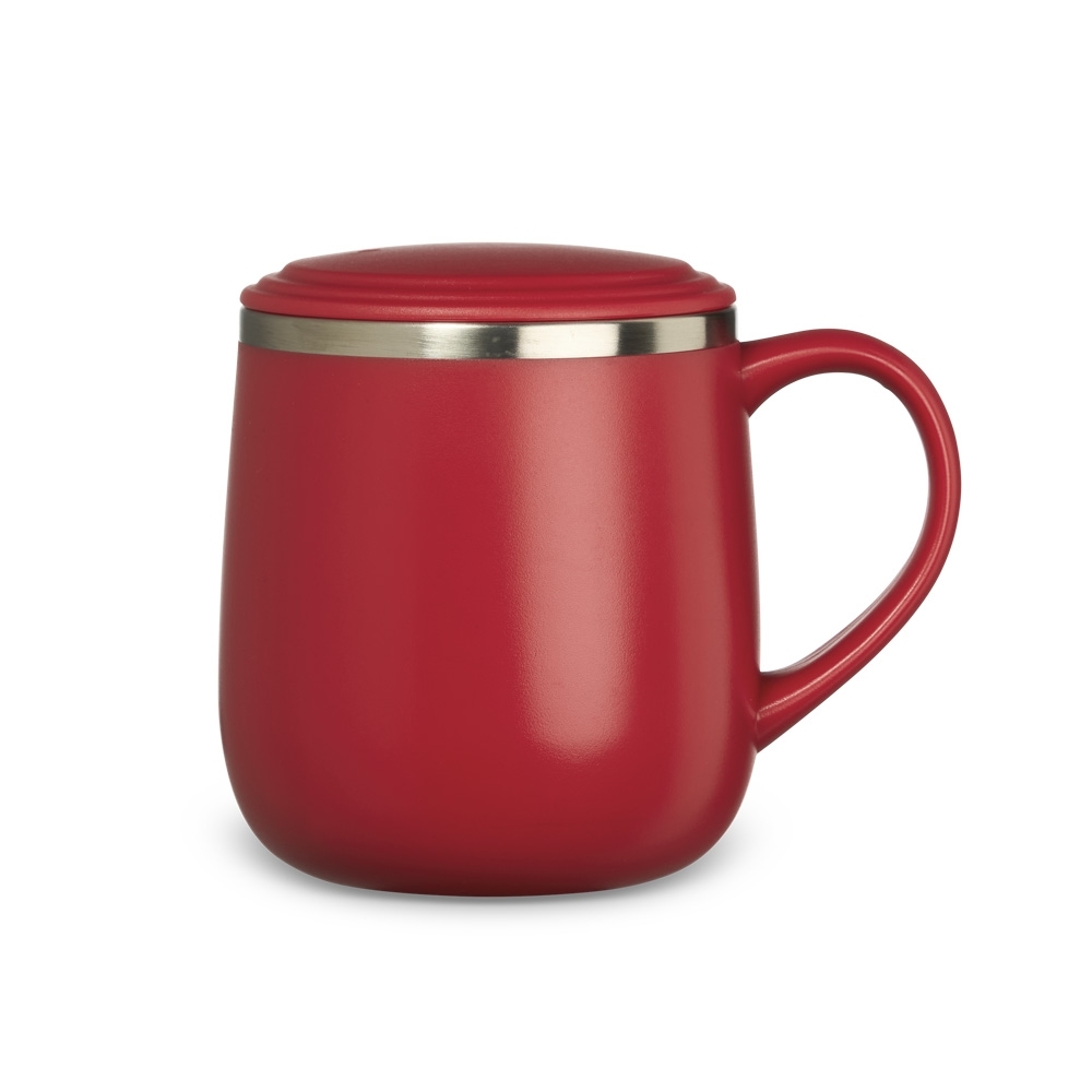 Caneca parede dupla 370 ml de plástico personalizada com a logo da empresa, na cor vermelho / inox