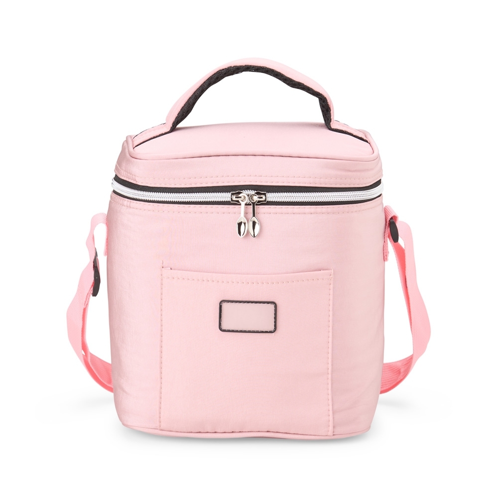 Bolsa térmica 10 litros com alça transversal e bolso frontal personalizada com a logo da empresa, na cor rosa