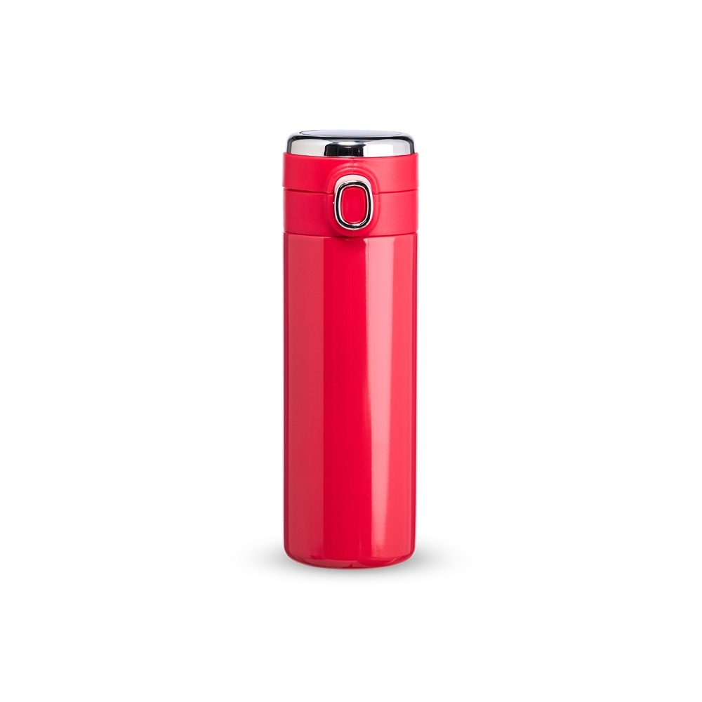Garrafa térmica em inox 400 ml com tampa de botão na cor Vermelho, personalizada com a logo da empresa