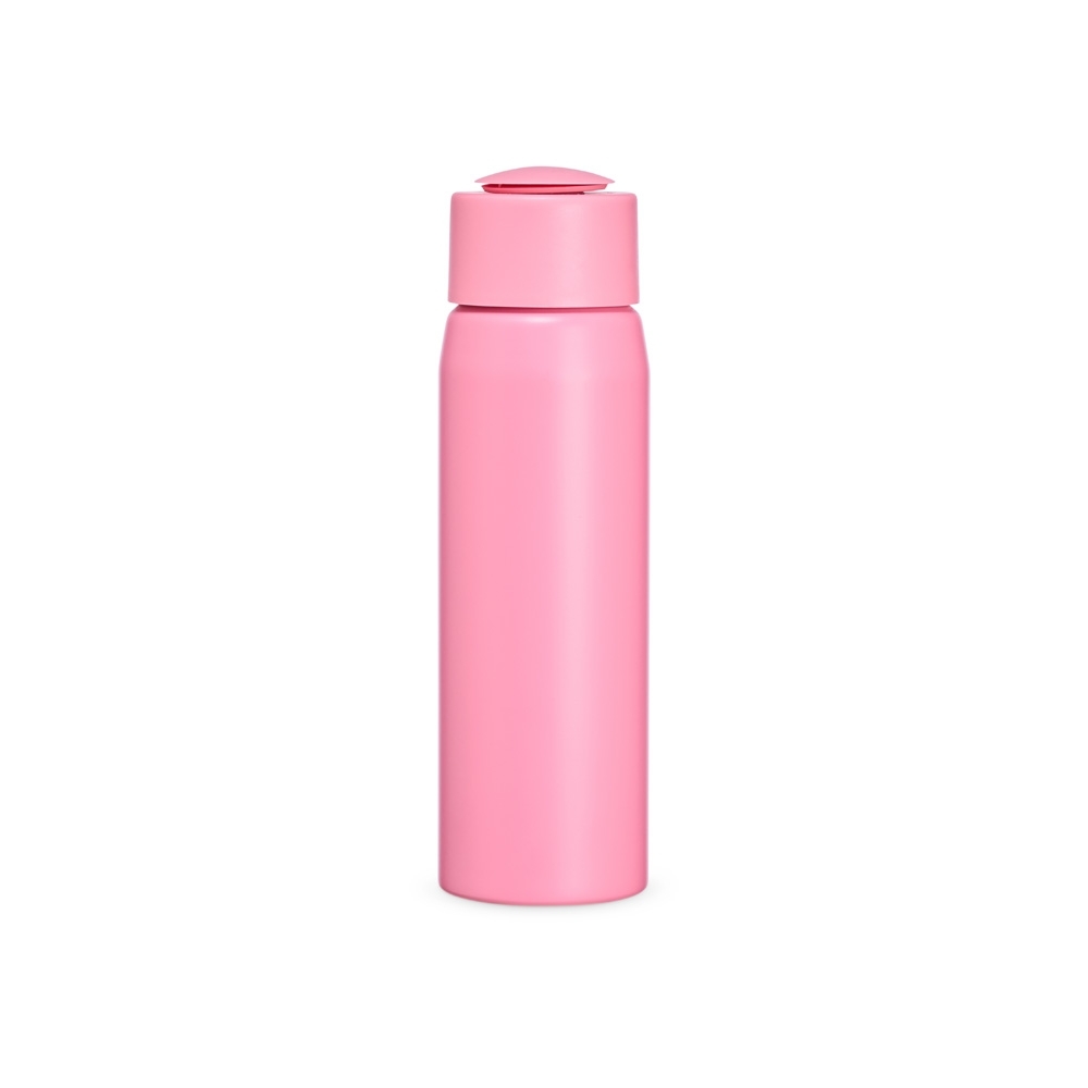 Garrafa de alumínio 600 ml com alça personalizada com a logo da empresa, na cor rosa escuro