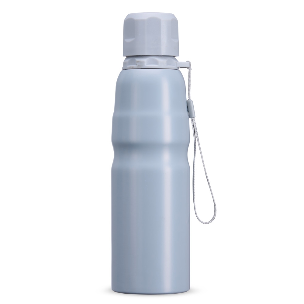 Garrafa inox 800 ml com cordão na cor Cinza claro, personalizada com a logo da empresa