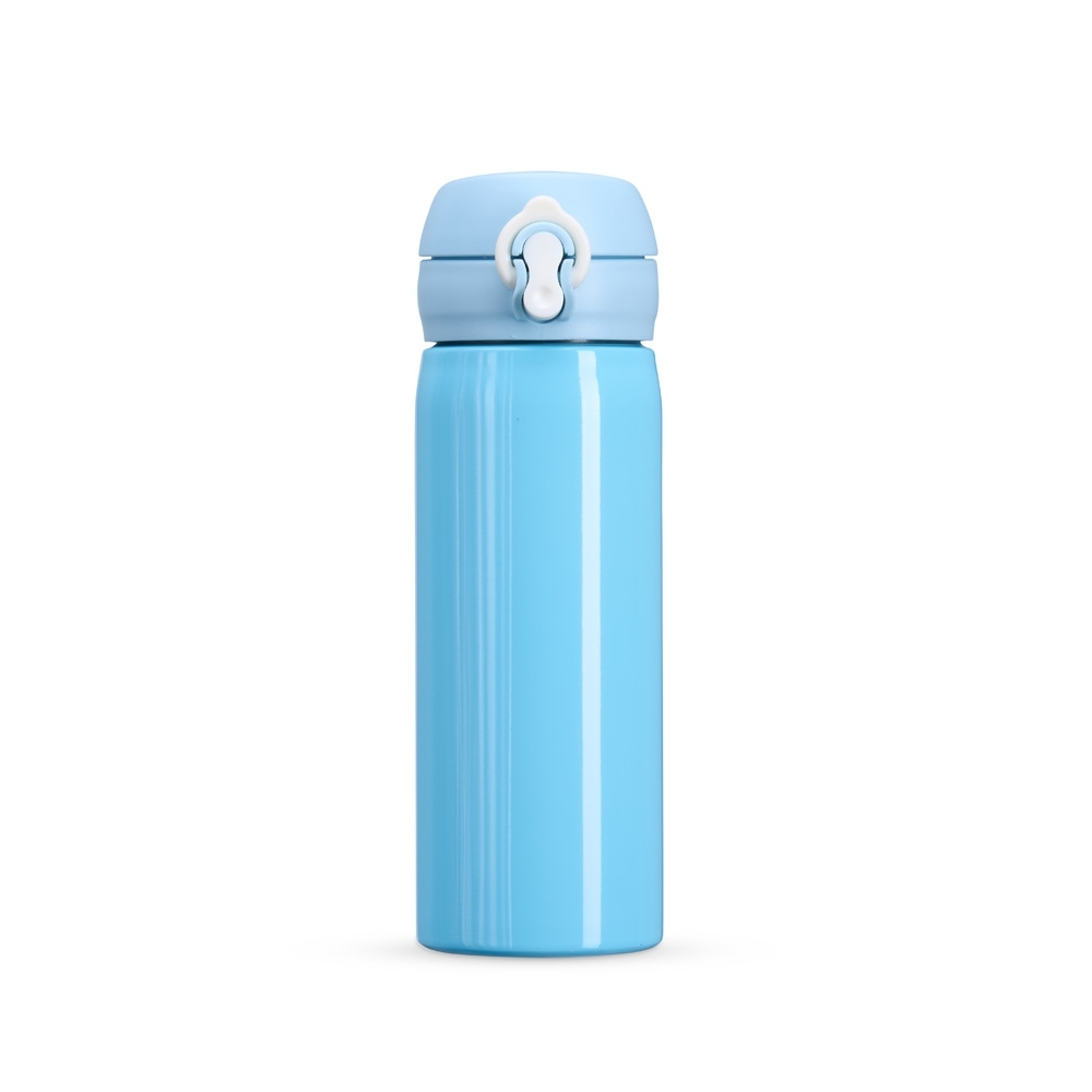 Garrafa inox 500 ml brilhante com tampa de botão e trava na cor Azul, personalizada com a logo da empresa