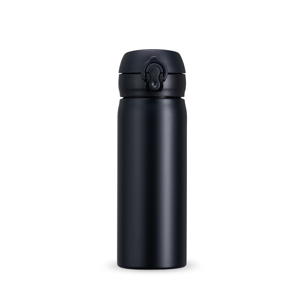 Garrafa inox 500 ml fosca com tampa de botão e trava na cor Preto, personalizada com a logo da empresa
