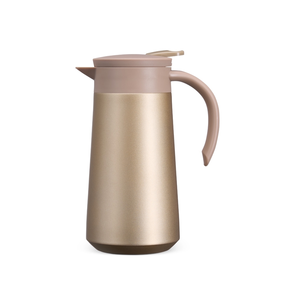 Garrafa térmica 800 ml de inox tipo bule com alavanca para servir personalizada com a logo da empresa, na cor dourado