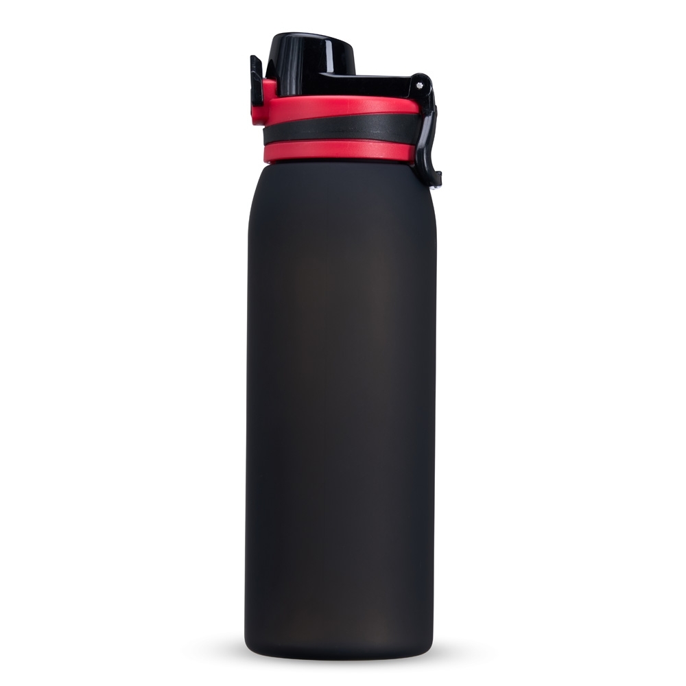 Squeeze plástico 900 ml com tampa de botão e alça na cor Preto / Vermelho, personalizado com a logo da empresa
