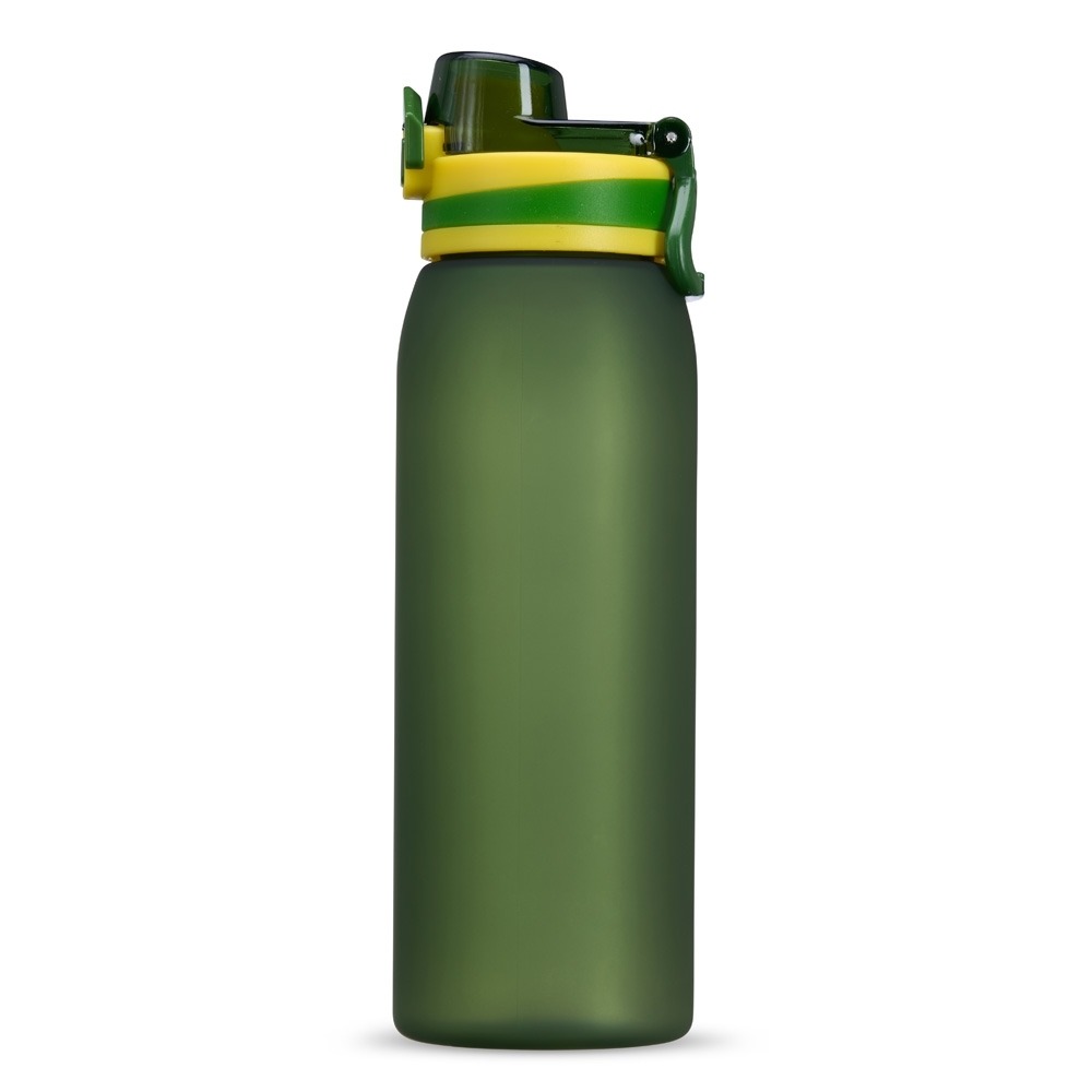 Squeeze plástico 900 ml com tampa de botão e alça personalizado com a logo da empresa, na cor verde