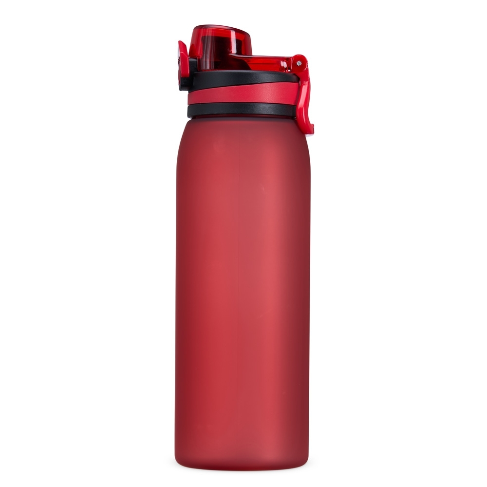 Squeeze plástico 900 ml com tampa de botão e alça personalizado com a logo da empresa, na cor vermelho / preto