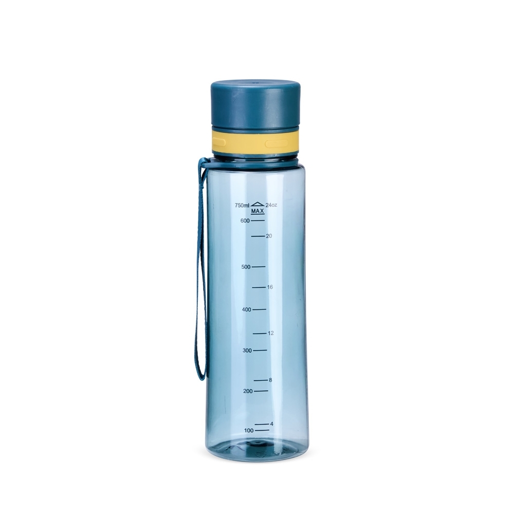 Garrafa plástica 780 ml com marcação de volume e alça de nylon na cor Azul, personalizada com a logo da empresa