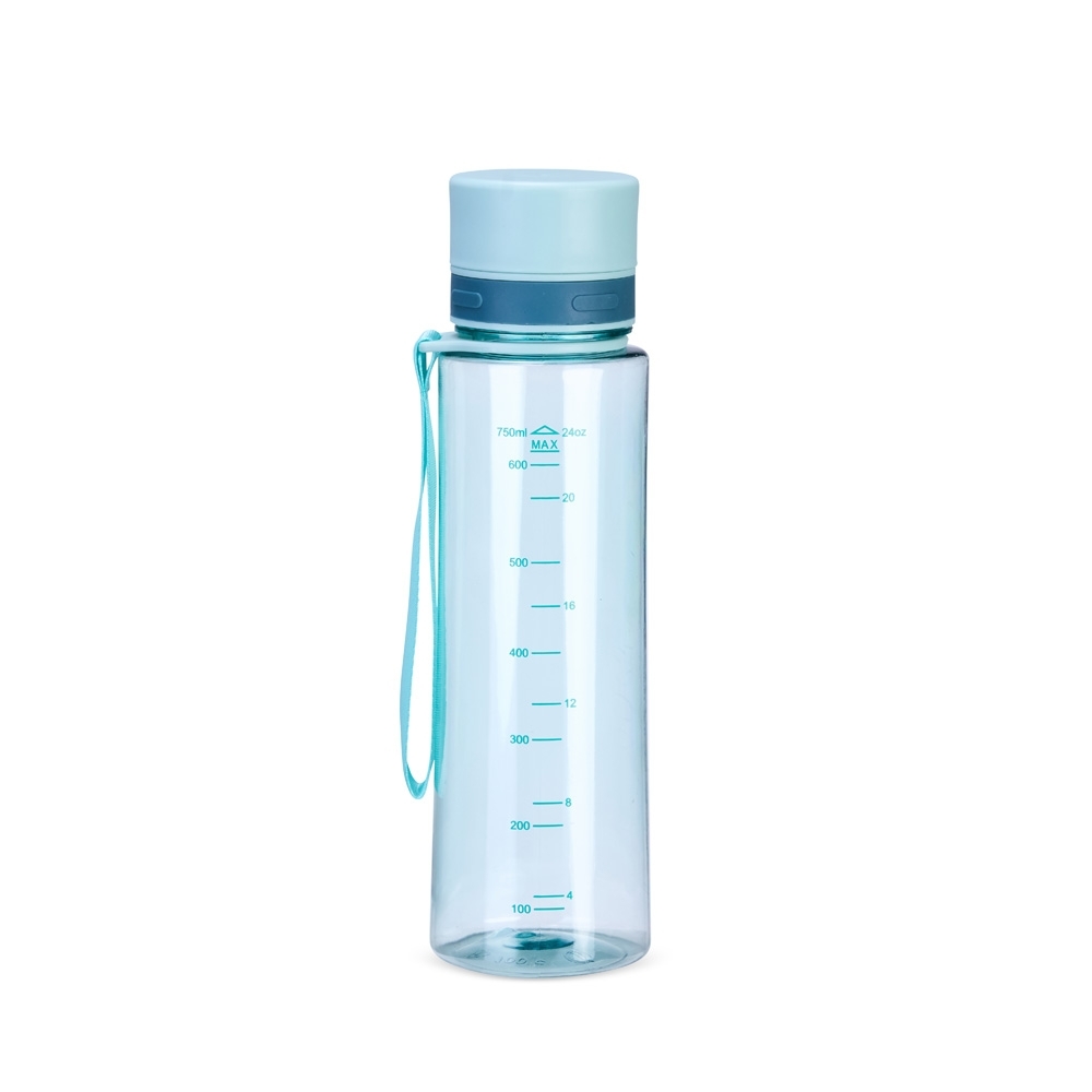 Garrafa plástica 780 ml com marcação de volume e alça de nylon