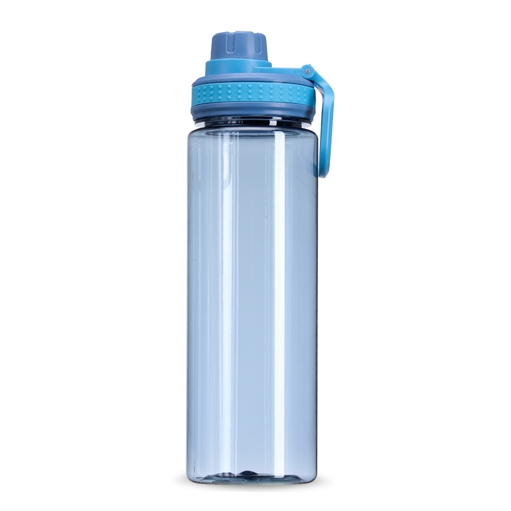 Garrafa plástica 750 ml com bocal, tampa protetora e alça na cor Azul, personalizada com a logo da empresa
