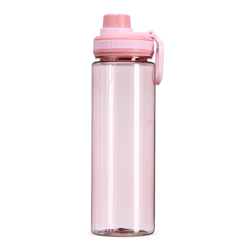 Garrafa plástica 750 ml com bocal, tampa protetora e alça personalizada com a logo da empresa, na cor rosa
