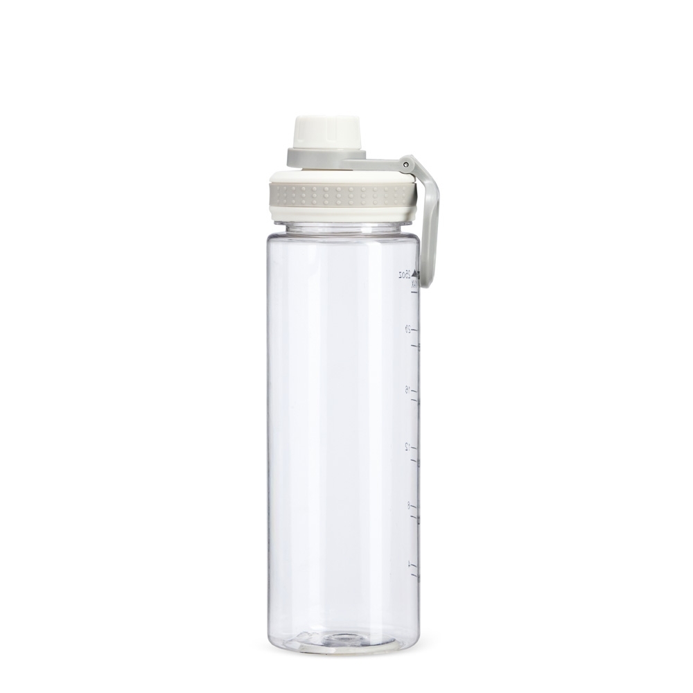 Garrafa plástica 750 ml com marcação de volume e alça na cor Branco, personalizada com a logo da empresa