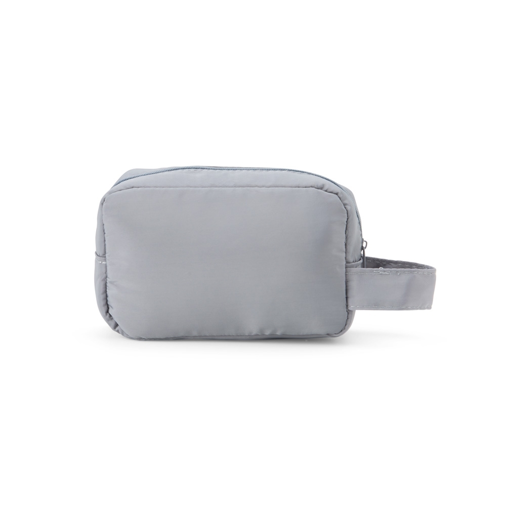 Nécessaire de poliéster impermeável (10 x 16,5 x 6 cm) na cor Cinza, personalizada com a logo da empresa