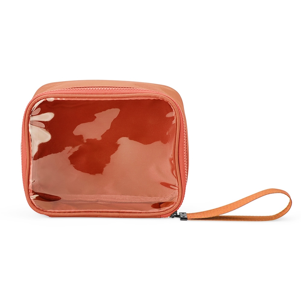 Nécessaire de nylon com visor (15,5 x 19,5 x 8,5 cm) personalizada com a logo da empresa, na cor laranja