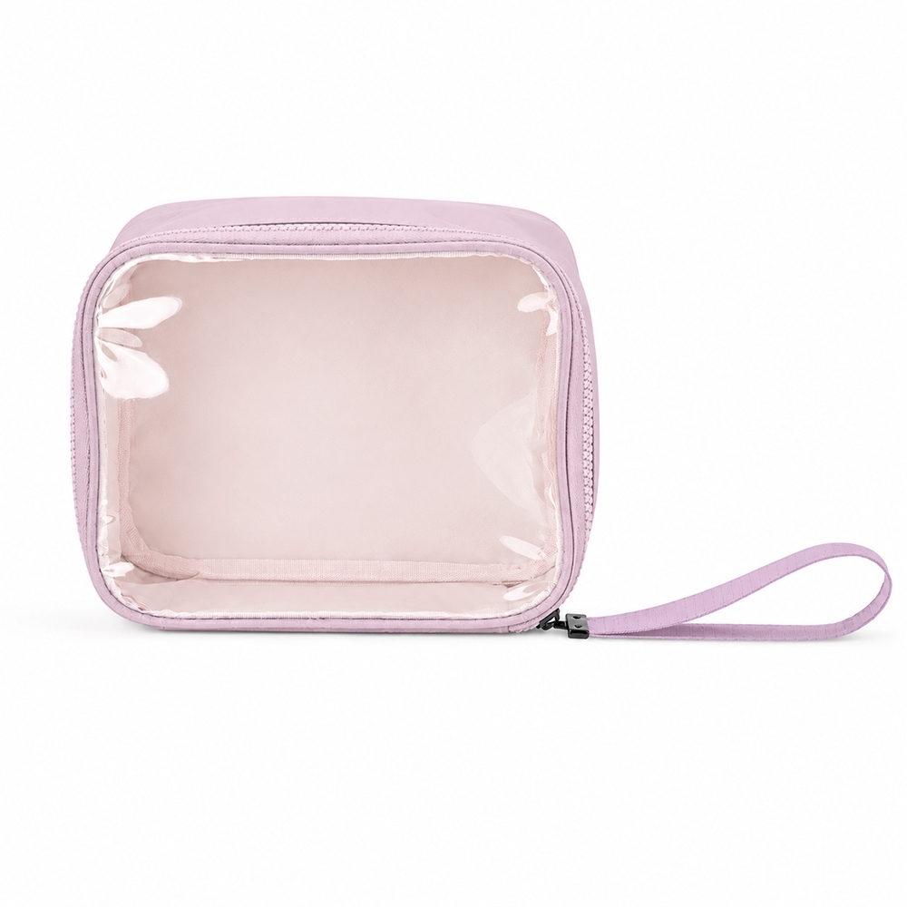 Nécessaire de nylon com visor (15,5 x 19,5 x 8,5 cm) personalizada com a logo da empresa, na cor lilás