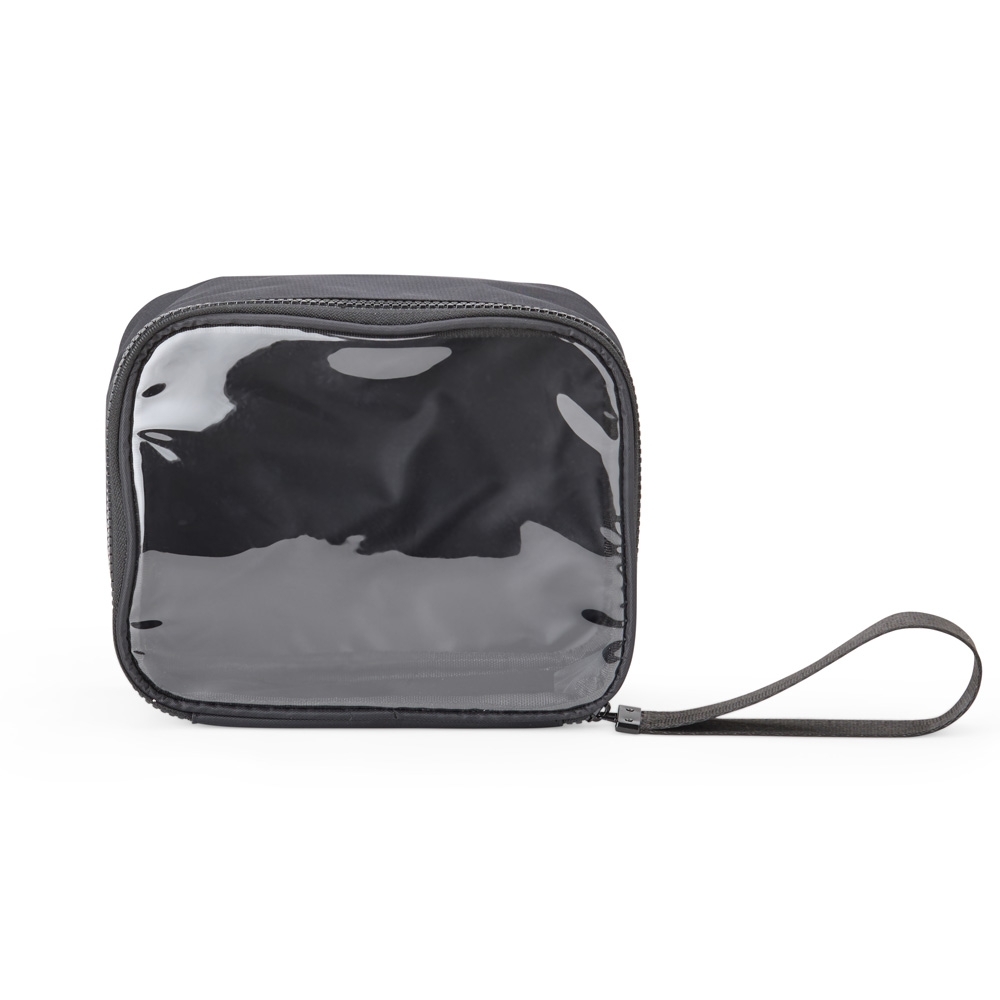 Nécessaire de nylon com visor (15,5 x 19,5 x 8,5 cm) na cor Preto, personalizada com a logo da empresa