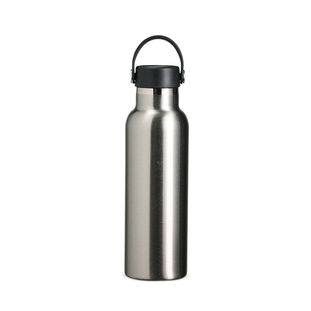Garrafa térmica inox 550 ml com alça em arco na tampa personalizada com a logo da empresa, na cor inox / preto