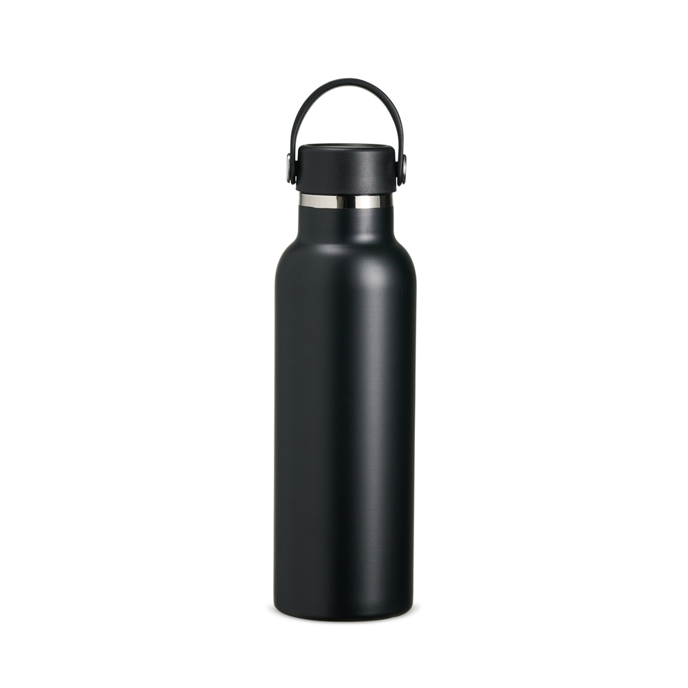 Garrafa térmica inox 550 ml com alça em arco na tampa na cor Preto, personalizada com a logo da empresa