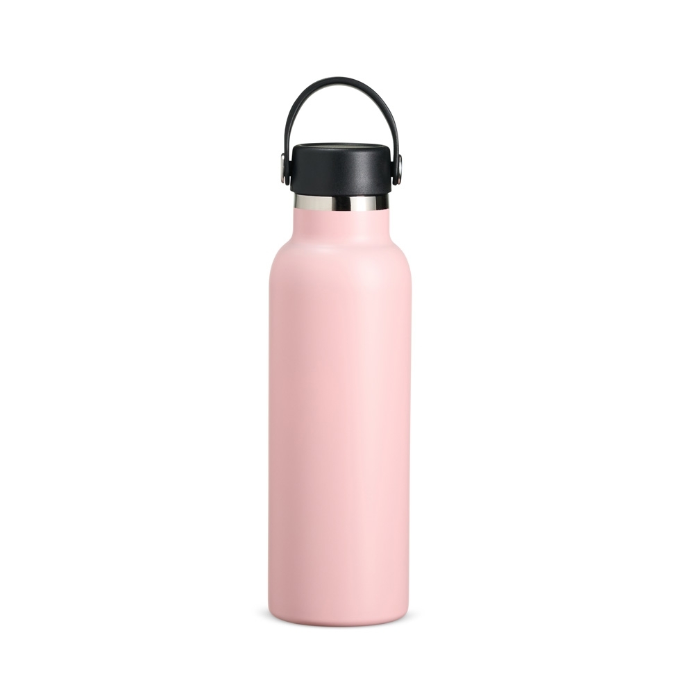 Garrafa térmica inox 550 ml com alça em arco na tampa personalizada com a logo da empresa, na cor rosa