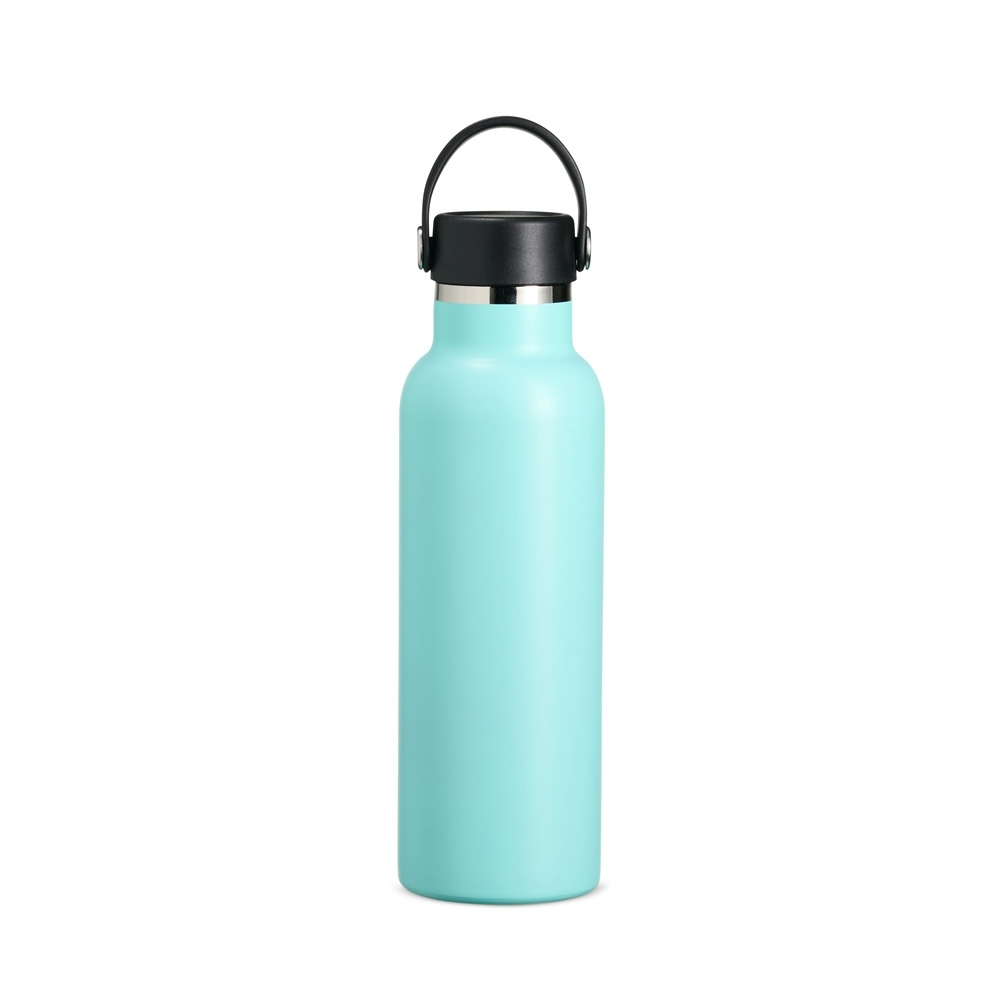 Garrafa térmica inox 550 ml com alça em arco na tampa personalizada com a logo da empresa, na cor verde / preto
