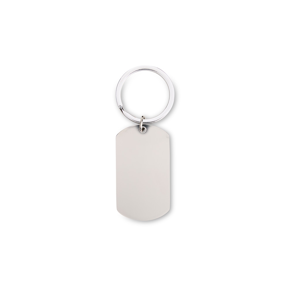 Chaveiro metálico espelhado em formato de plaqueta na cor Inox, personalizado com a logo da empresa