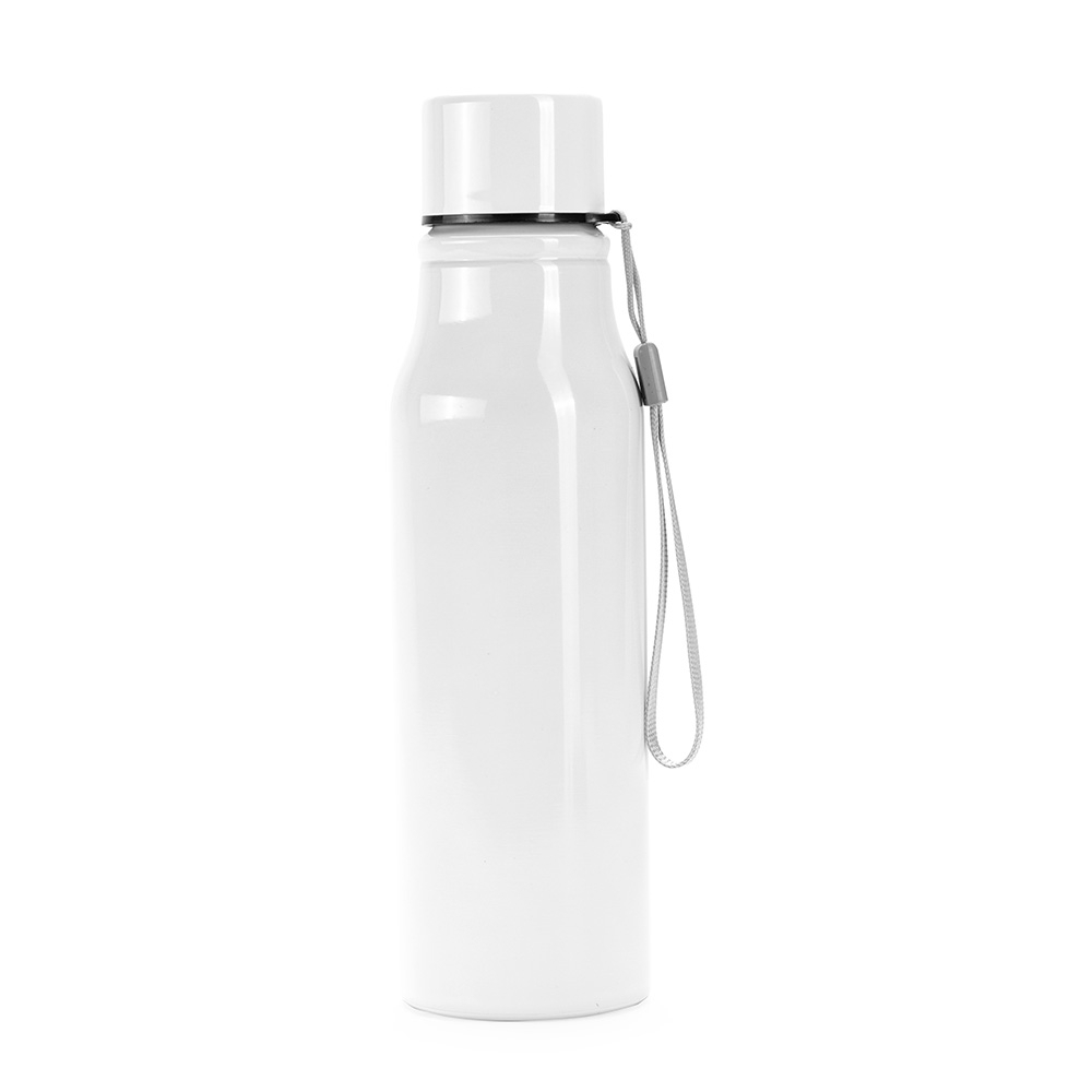 Garrafa inox 750 ml com tampa rosqueável e alça modelo 2 personalizada com a logo da empresa, na cor branco