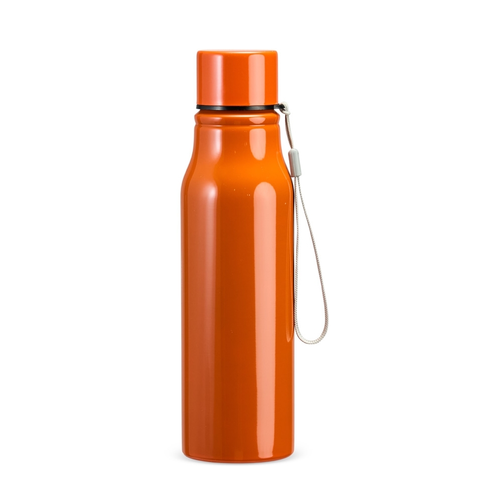 Garrafa inox 750 ml com tampa rosqueável e alça modelo 2 personalizada com a logo da empresa, na cor laranja