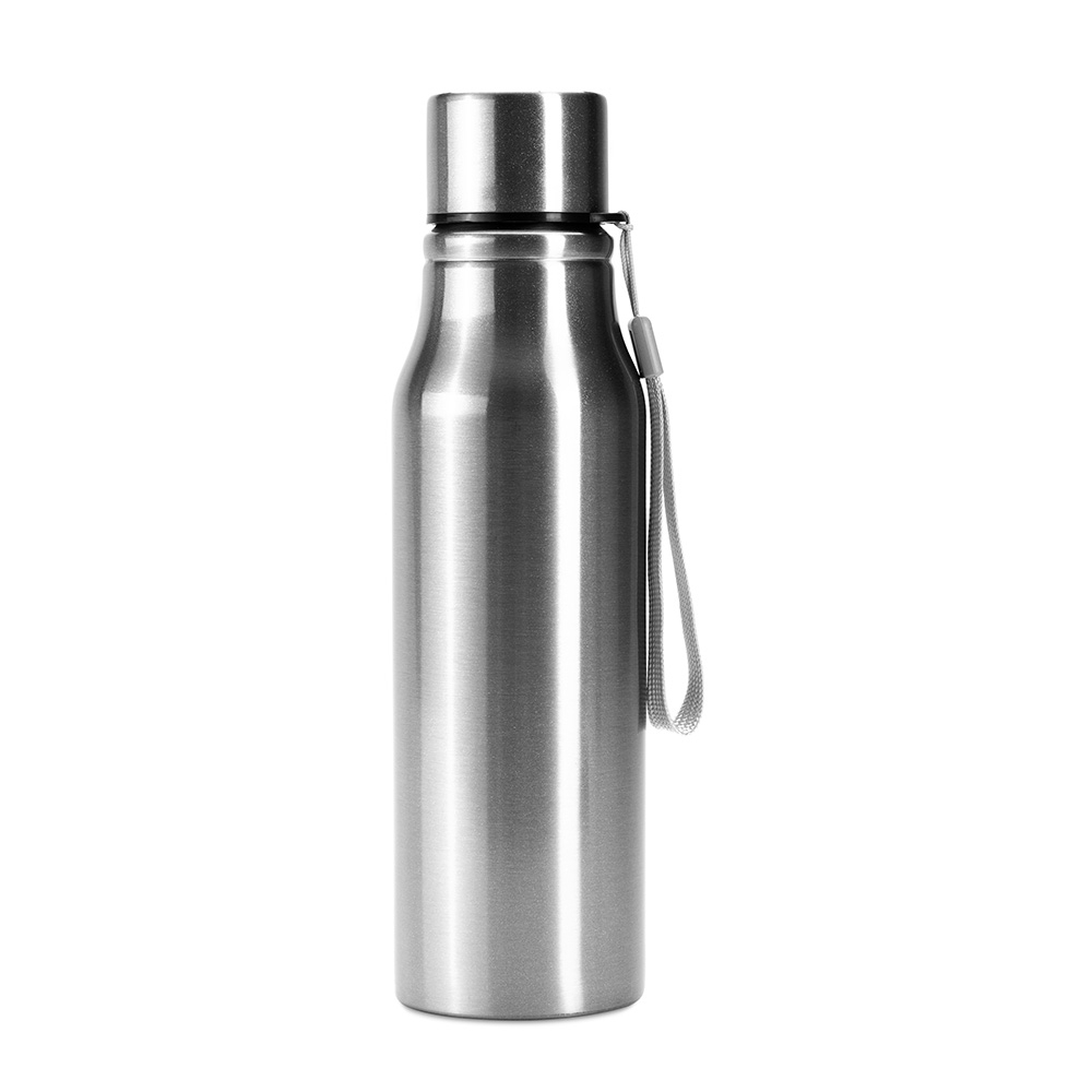 Garrafa inox 750 ml com tampa rosqueável e alça modelo 2 personalizada com a logo da empresa, na cor prata