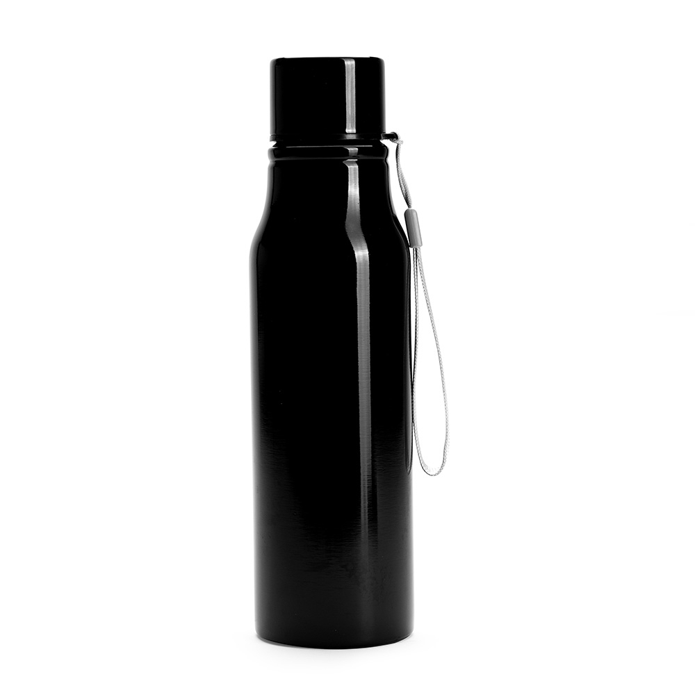 Garrafa inox 750 ml com tampa rosqueável e alça modelo 2 na cor Preto, personalizada com a logo da empresa
