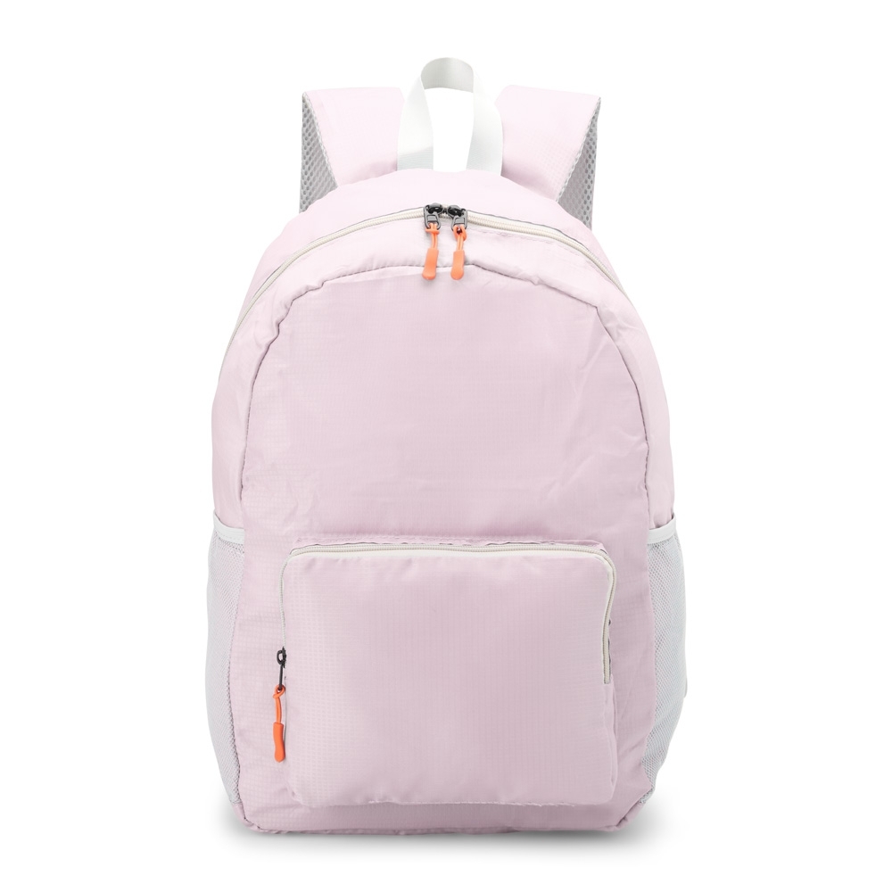 Mochila de nylon dobrável 24 litros impermeável personalizada com a logo da empresa, na cor rosa