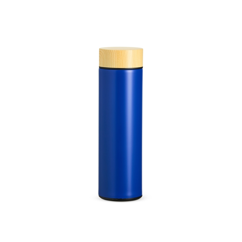 Garrafa térmica 450 ml de inox com infusor personalizada com a logo da empresa, na cor azul / madeira