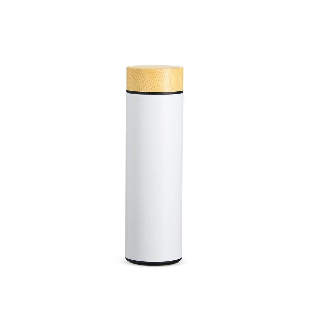 Garrafa térmica 450 ml de inox com infusor personalizada com a logo da empresa, na cor branco