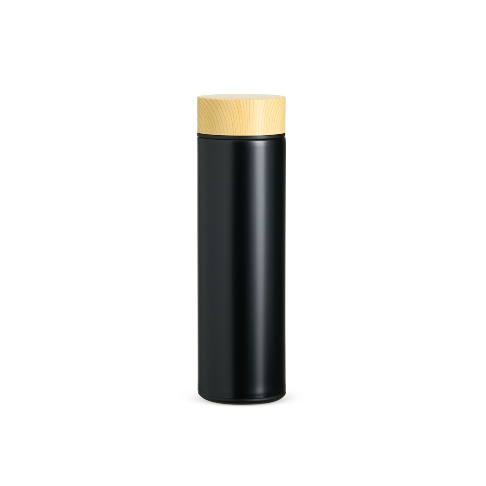 Garrafa térmica 450 ml de inox com infusor na cor Preto / Madeira, personalizada com a logo da empresa